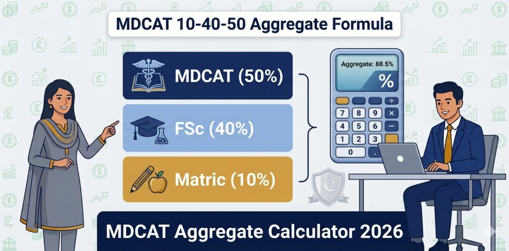 MDCAT Aggregate Calculator - PMDC Formula MDCAT Aggregate Calculator 2026 - PMDC 10-40-50 Formula for MBBS and BDS Merit Calculation